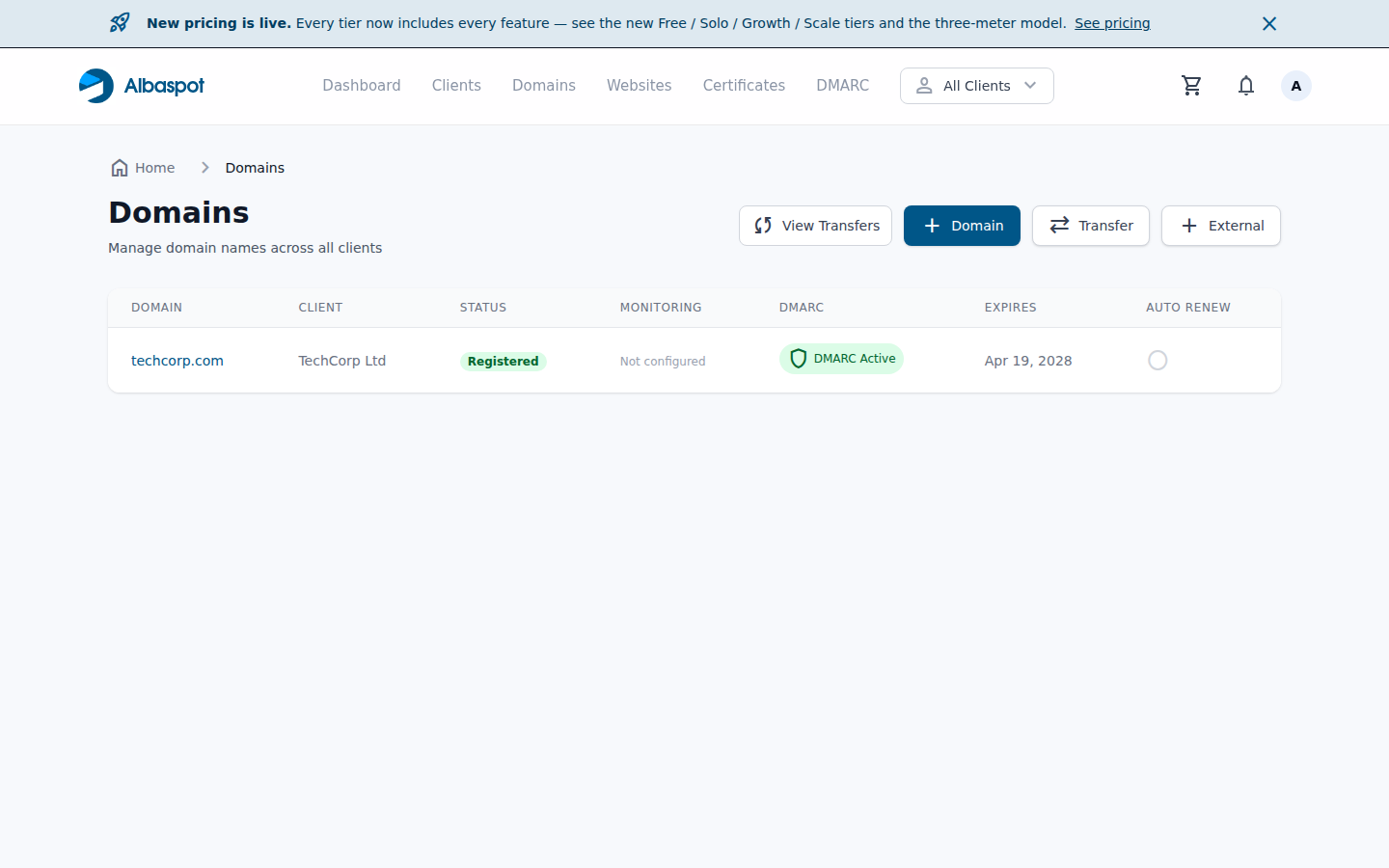 Albaspot domain management showing DMARC enforcement status per domain