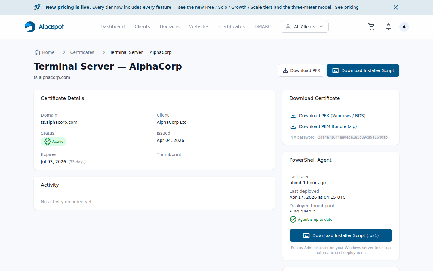 Certificate detail page