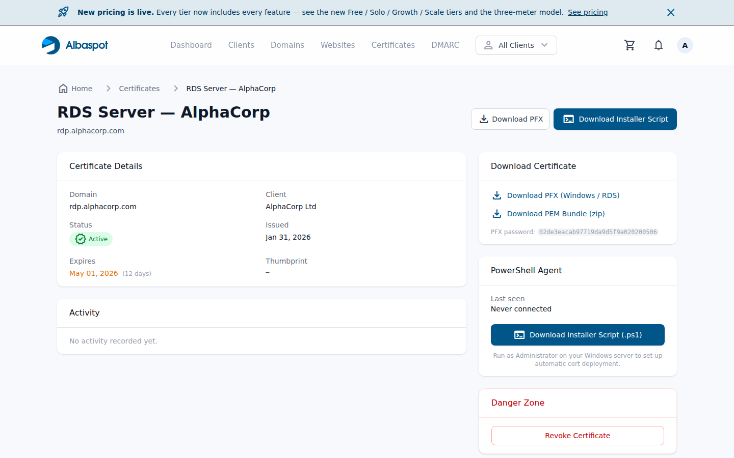 Certificate detail page showing an expiring certificate