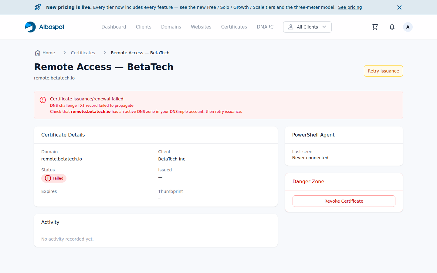 Certificate detail page showing a failed certificate with error message
