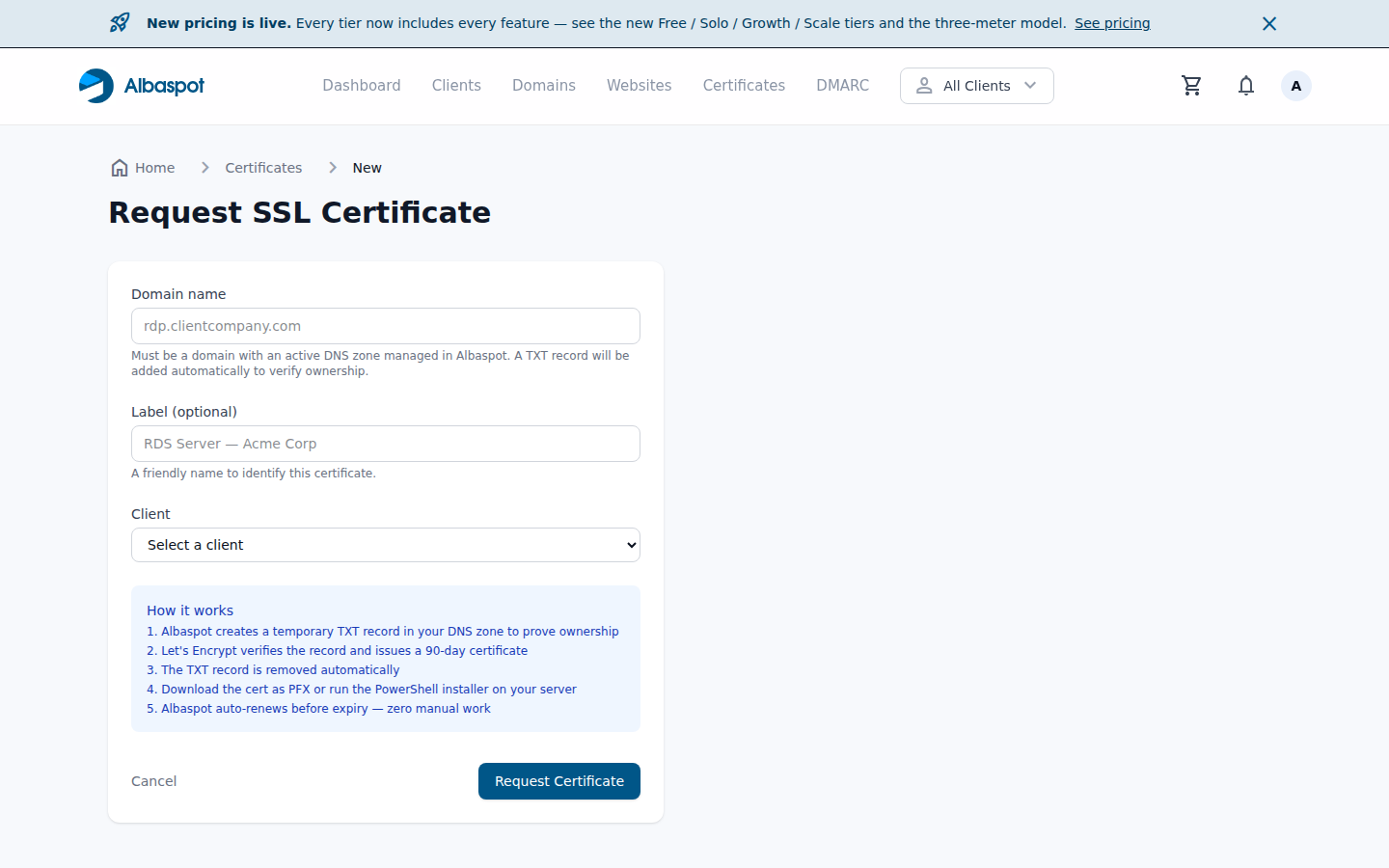 New certificate request form