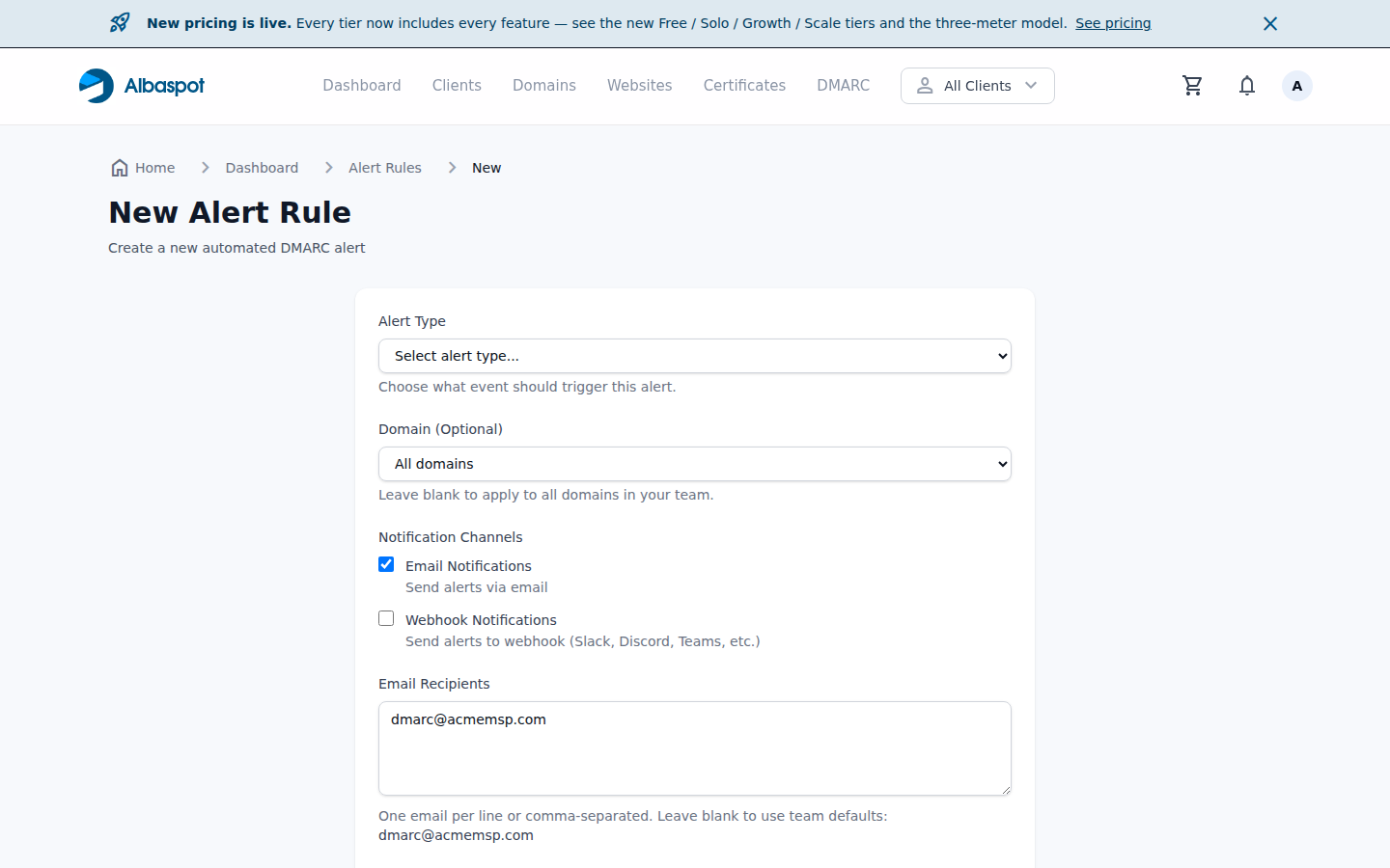 Create DMARC alert rule form
