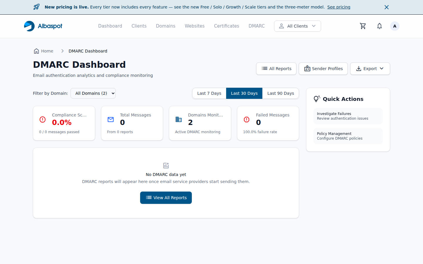 Albaspot DMARC dashboard — email authentication monitoring and enforcement status