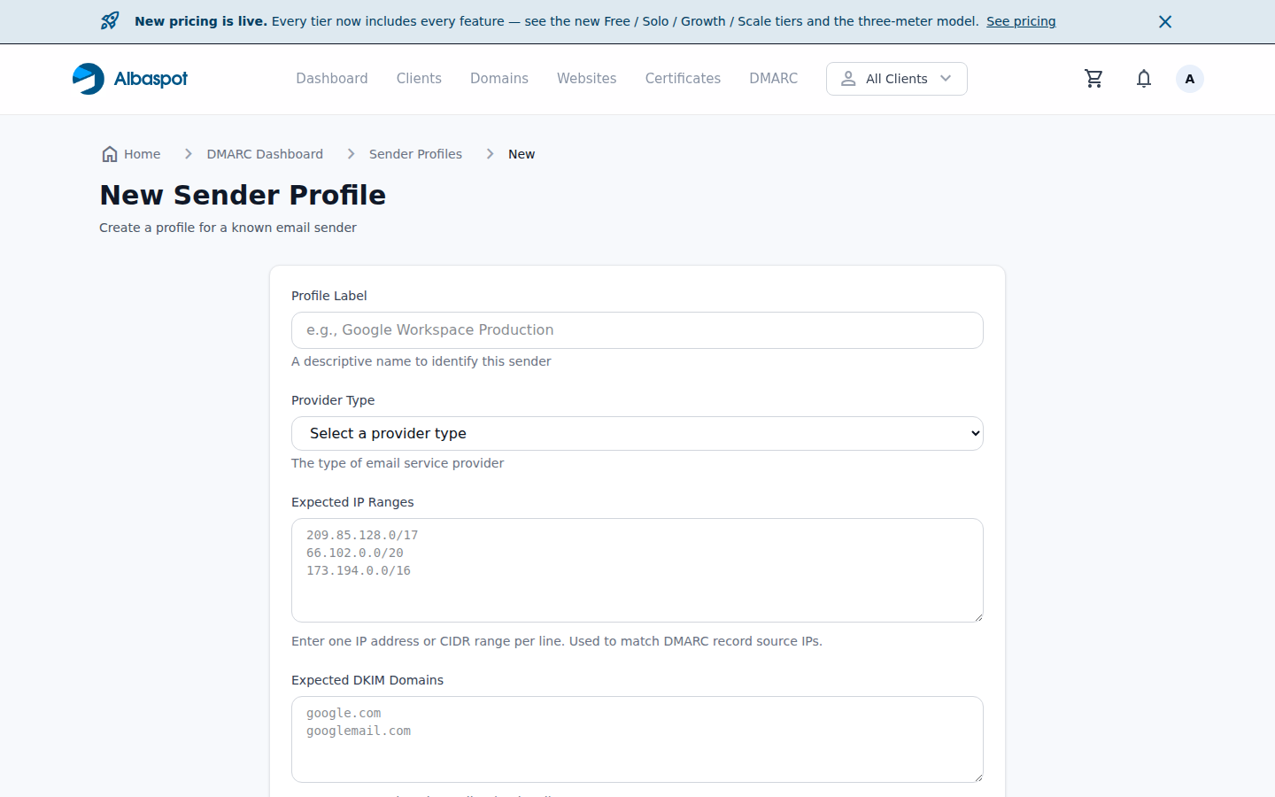 Add sender profile form