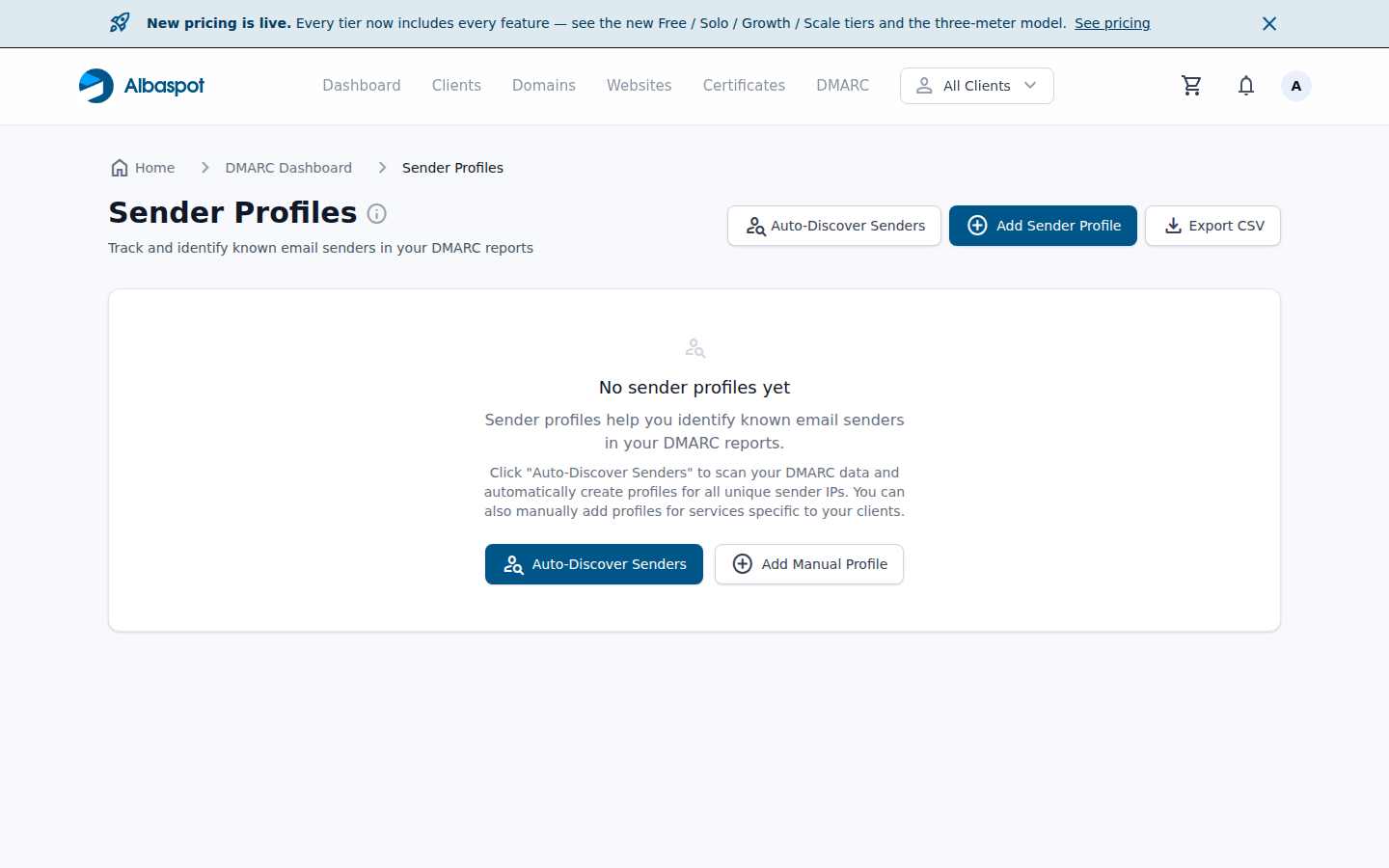Sender profiles list