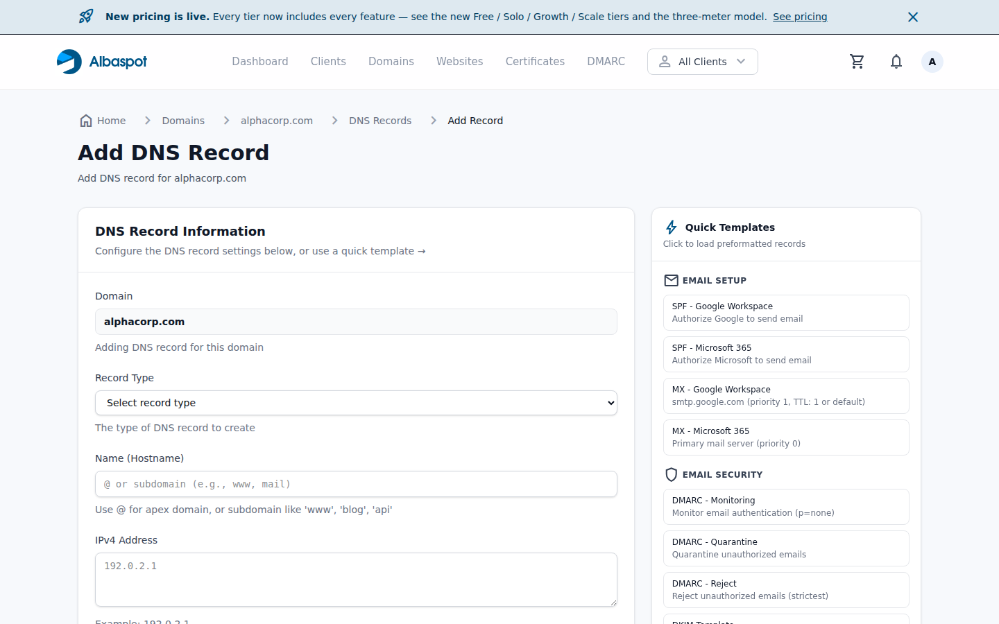 Add DNS record form
