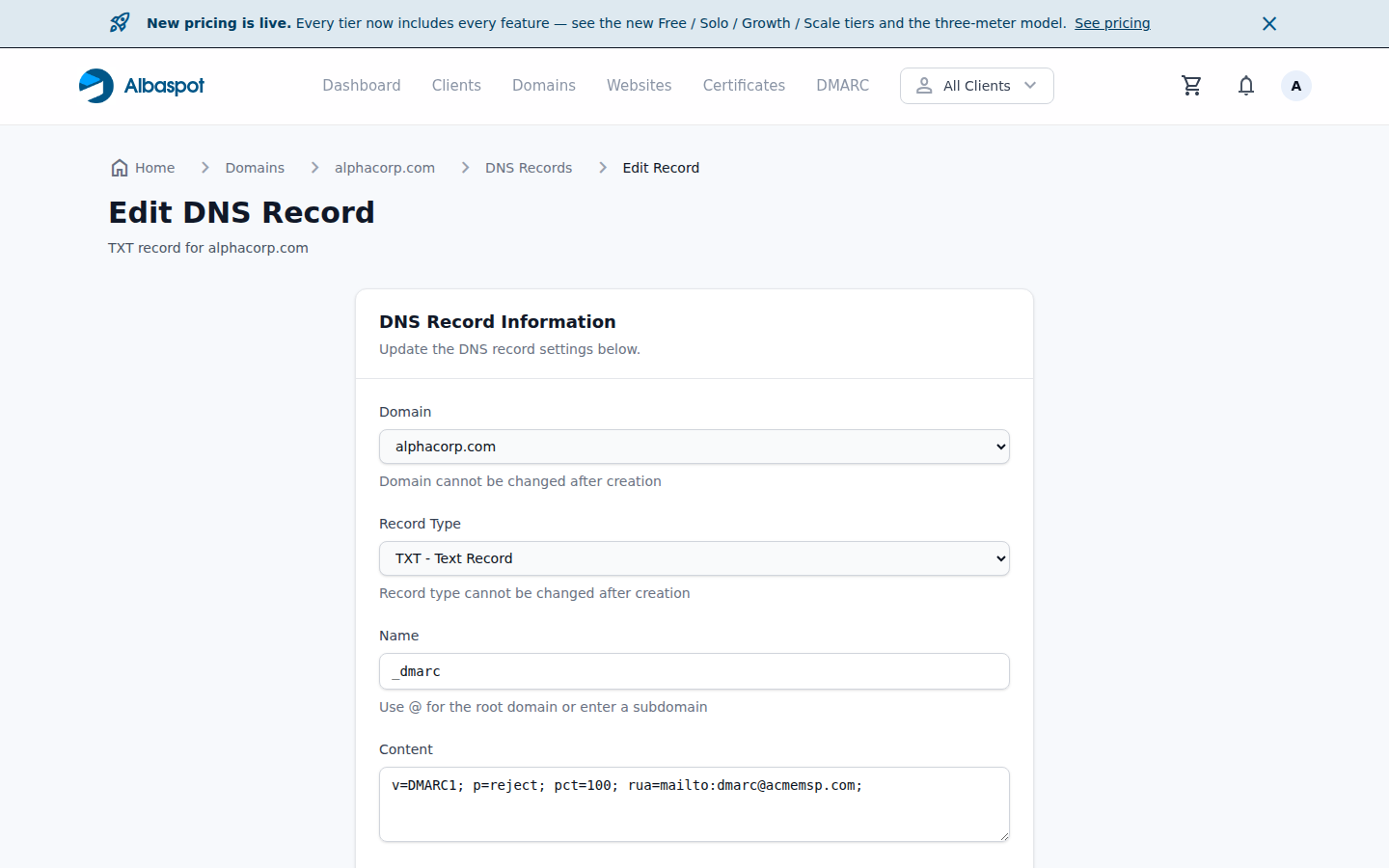 Edit DNS record form