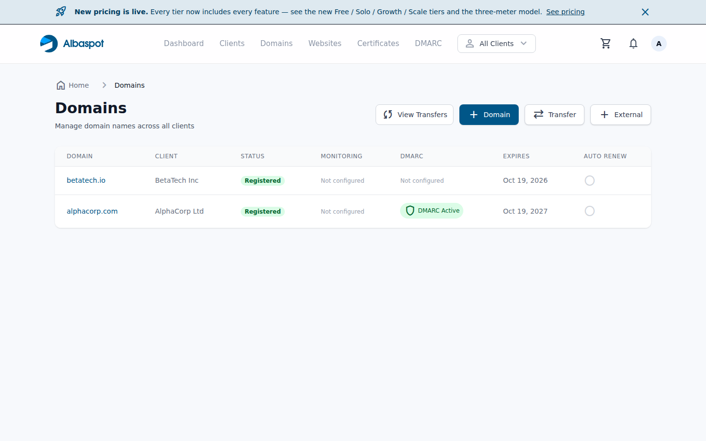 Albaspot domain management — client domain list with status and expiry tracking
