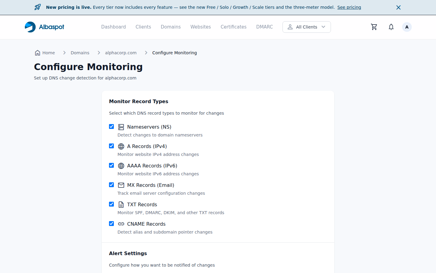 Domain monitoring configuration