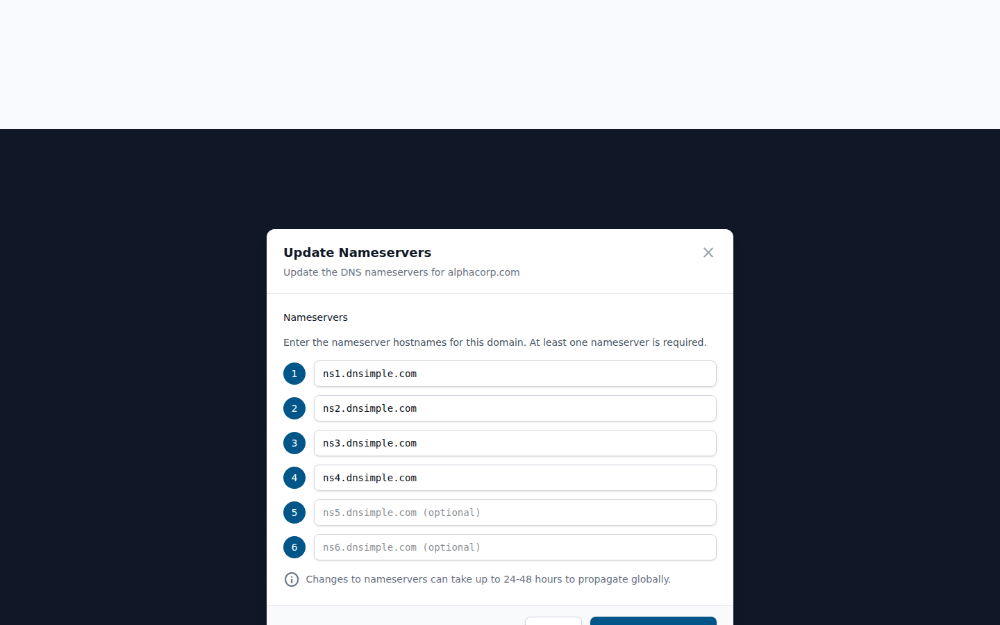Update nameservers modal