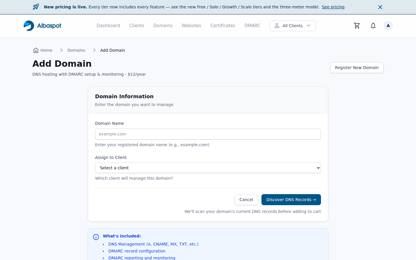 Register new domain form