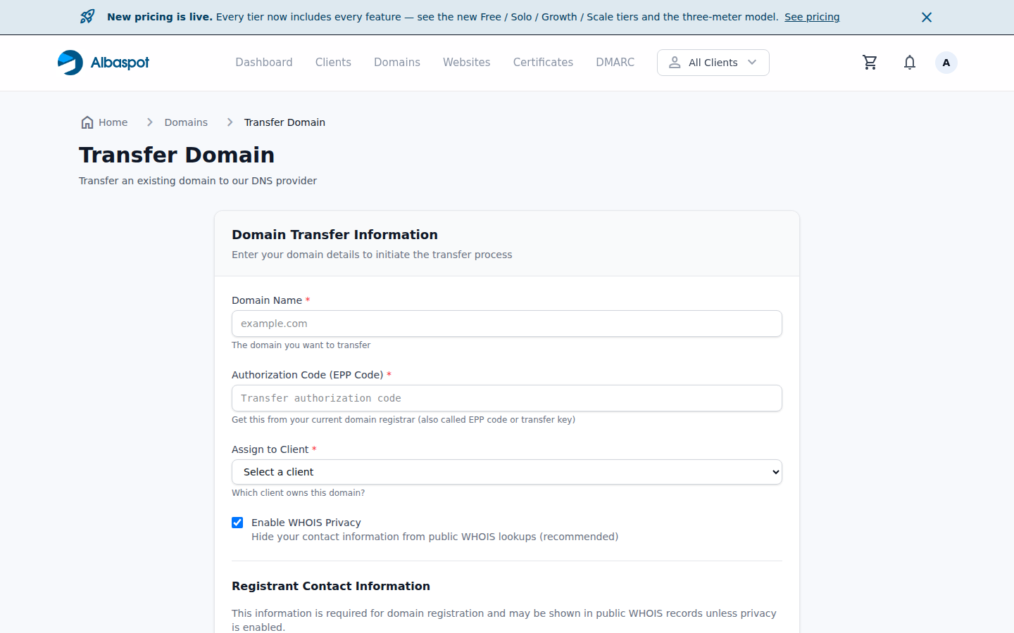 Domain transfer form