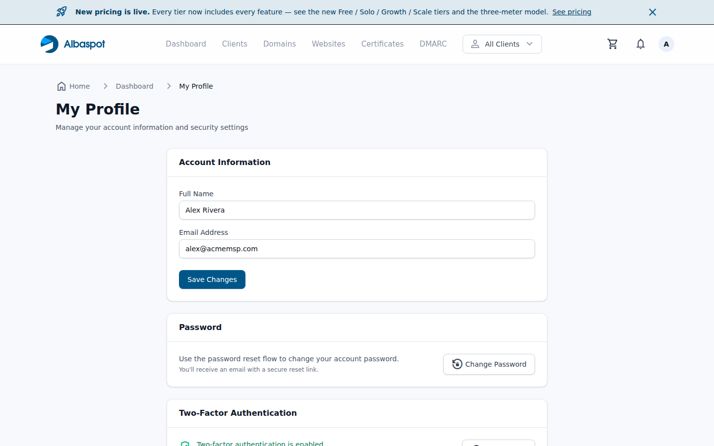 Profile settings page