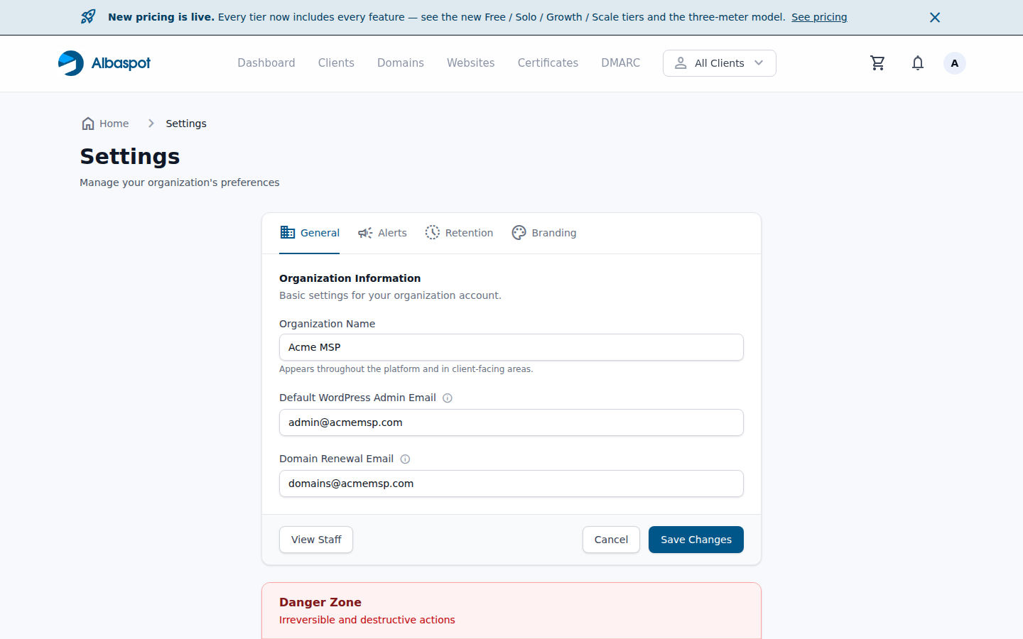 Team settings page