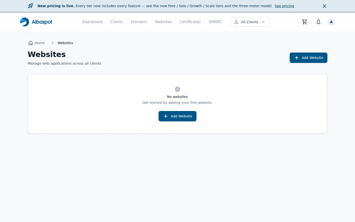 Albaspot website management — client website list with hosting status